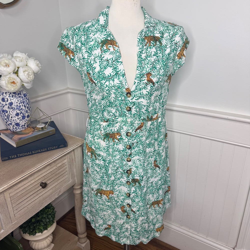 Maeve Anthropologie Green Tiger Leopard Vine Print Button Front Shirtdress 8P
